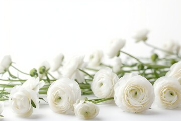 Elegant White Ranunculus Flowers on a Soft White Background. Copy space, mock up. A tranquil display of white ranunculus blooms, gracefully aligned on a pristine background. Mothers day
