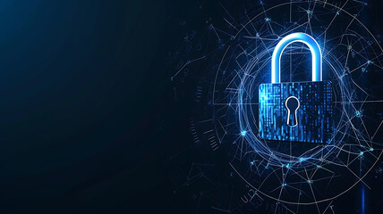 digital padlock with virtual screen on dark background with copy space. cyber security technology for fraud prevention and privacy data network protection concept