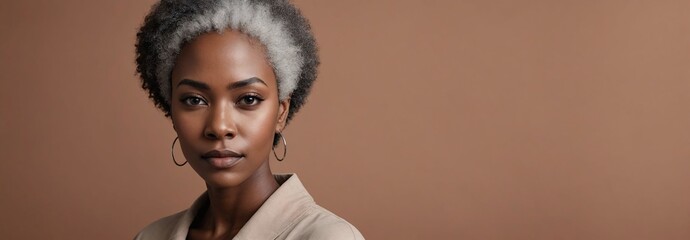 Midshot Portrait Photo Of A Gloomy African American Beautiful Female Model With A Grey Hair Isolated On A Sienna Background With Copy Space, Banner Template.