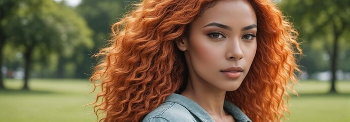 Midshot Portrait Photo Of A Flamboyant Beautiful Female Model With A Orange Hair Isolated On A Lawngreen Background With Copy Space, Banner Template. - obrazy, fototapety, plakaty