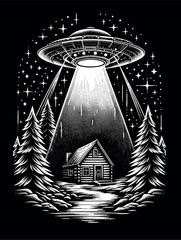 UFO Abduction of a Cabin in a Starry Night Forest, Dotwork Design