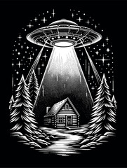 UFO Abduction of a Cabin in a Starry Night Forest, Dotwork Design © GASSENHAUER®