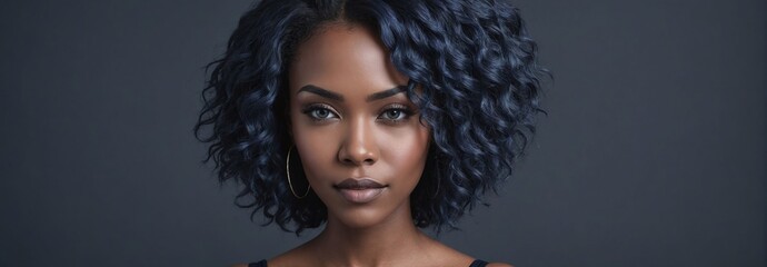 Midshot Portrait Photo Of A Lusty African American Beautiful Female Model With A Dark Blue Hair Isolated On A Darkslategrey Background With Copy Space, Banner Template. - obrazy, fototapety, plakaty