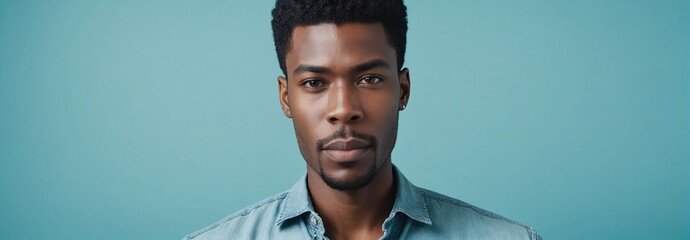 Obraz premium Midshot Portrait Photo Of A Sentimental African American Handsome Male Model With A Black Hair Isolated On A Cyan Background With Copy Space, Banner Template.