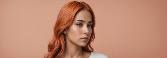 Fototapeta premium Midshot Portrait Photo Of A Worried Latin Beautiful Female Model With A Orange Hair Isolated On A Salmon Background With Copy Space, Banner Template.