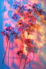 spring flowers against neon colored wall on a sunny day