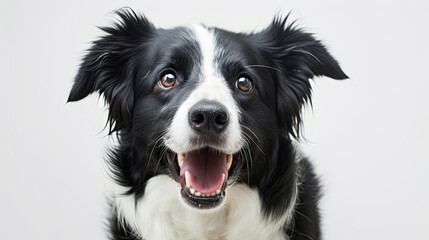 Head Shot Of A Black And White Border Collie Panting. Portrait Of Panting Border Collie Dog.