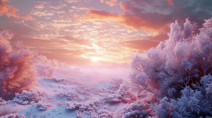 Majestic winter landscape, colorful sky glowing by sunset, aerial view