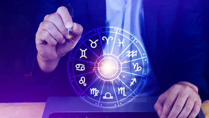Concept of astrology and horoscope, person inside a zodiac sign wheel, Astrological zodiac signs...