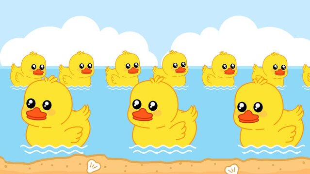 Duck animation having a swim together on the beach. Cute yellow duck. Seamless loop. Great for celebration, birthdays, or children's content.