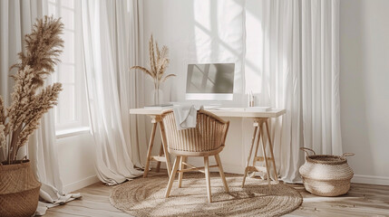 Minimalist home office with natural light and neutral tones