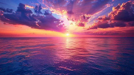 Rolgordijnen Vibrant sunset over the ocean with dramatic clouds © Vodkaz