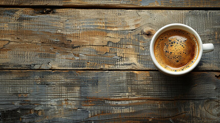 Espresso in a white cup on a textured wooden table