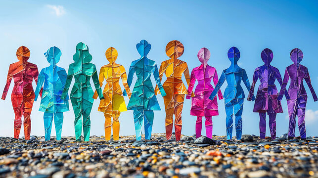 Paper shapes representing diverse crowd of people standing together in solidarity, symbolizing equal rights, opportunities, and respect for all genders. Diversity, Equity, Inclusion and Belonging.
