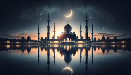 Obraz premium Majestic Mosque Silhouette Reflecting in Water Under Crescent Moon