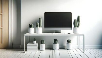 Modern Home Office Desk Setup with Cactus Plants and Minimalist Design