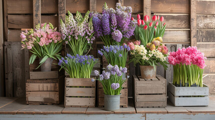 Fototapeta na wymiar Rustic Wooden Boxes of Colorful Spring Flowers