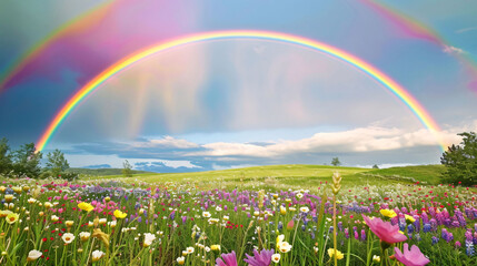 Rainbow Over Colorful Meadow and Flower Field