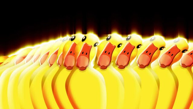 Duck animation illustrating synchronized dance moves on a black background. Mysterious yellow duck. Seamless loop. Suitable for celebration, Halloween parties, or magic shows.
