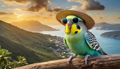 A budgie with sunglasses, a hat and clothes for the summer