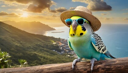 A budgie with sunglasses, a hat and clothes for the summer