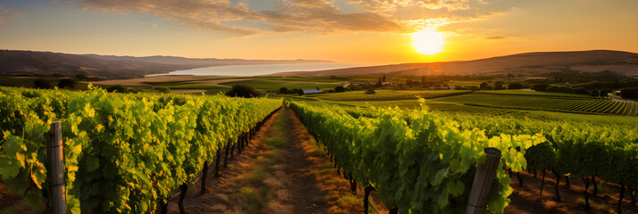 Aesthetically Captivating Vineyard: The Majestic Domain of Grapevines Under the Warm Hues of the...