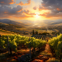 Aesthetically Captivating Vineyard: The Majestic Domain of Grapevines Under the Warm Hues of the...