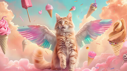 Timeless whimsy, a cat with wings in a pastel retro fantasy, sweets and ice creams defy gravity around it