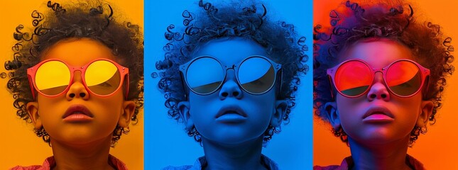 portraits of a kid wearing tinted sunglasses with different photo filters in pop art style