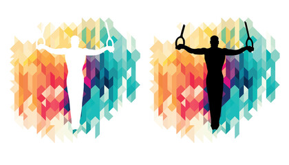 Male gymnast on rings colorful icons on a transparent background - obrazy, fototapety, plakaty