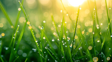 Naklejka premium Dewy Grass at Sunrise in Nature