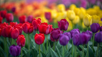 Obraz premium Vibrant Tulip Garden with Red, Purple, and Yellow Blooms