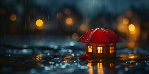 red umbrella covering home under heavy rain on rainy day. 3D rendering.