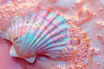 surreal seashell on a sandy beach. Summer vacation end relaxation concept