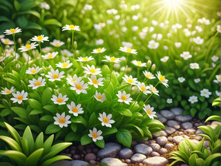 Floral Delight: Small Flowers in Sunlit Nature. generative AI