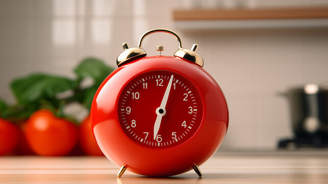 Selective focus shot of a kitchen timer. Red tomato alarm clock. Concept of productivity management. 