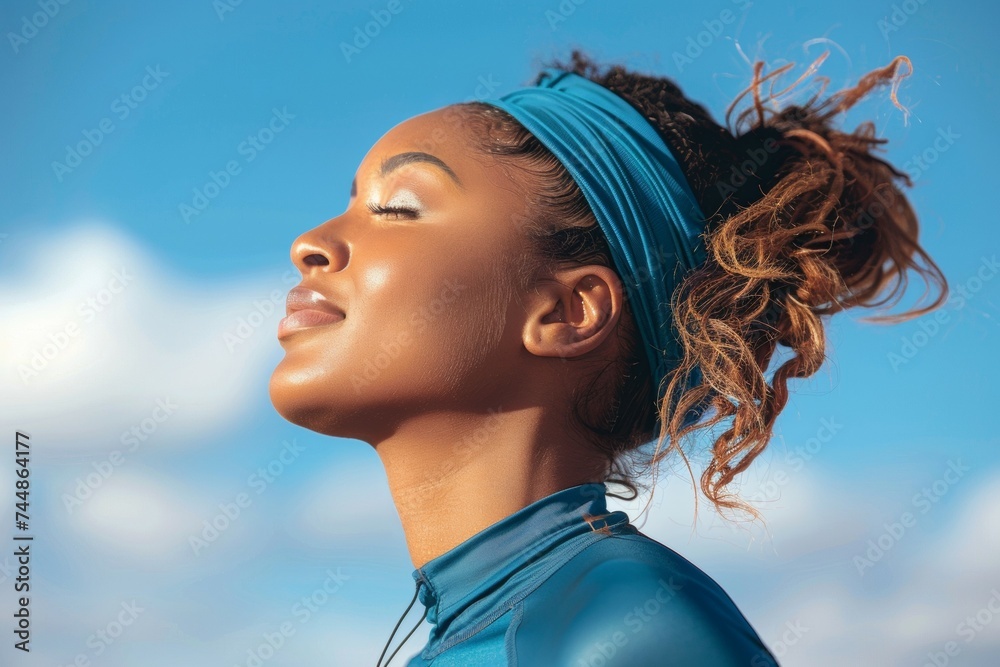 Poster A young woman in a workout class. Background with selective focus and copy space