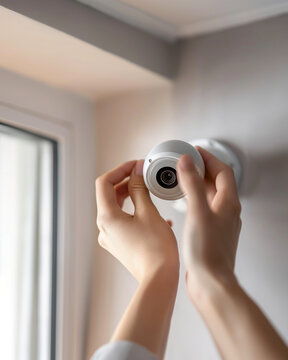 a person installing indoor security camera at home, repairing Home security cam, and adjusting the CCTV angle