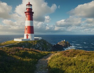 Naklejka premium Lighthouse on a hill, or on a mountain. surrounded by green fields and flowers. navigation of ships at sea. Concept Postcards, backgrounds, envelopes, landscape.