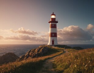 Naklejka premium Lighthouse on a hill, or on a mountain. surrounded by green fields and flowers. navigation of ships at sea. Concept Postcards, backgrounds, envelopes, landscape.