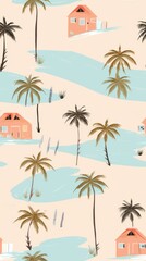 palm and a city in the style of light pink and dark beige. Summer day holidays