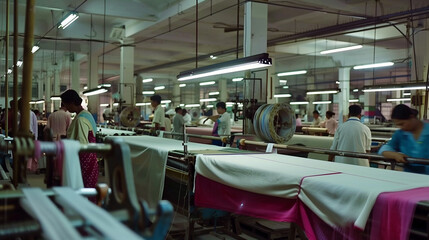 Fototapeta na wymiar Textile Industry in Motion: Workers Weaving on Looms in a Busy Factor