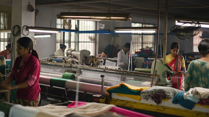 Textile Industry in Motion: Workers Weaving on Looms in a Busy Factor - obrazy, fototapety, plakaty