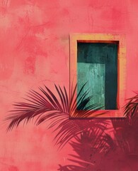 shadow of a palm tree on a pink building with a window. Holidays in paradise.