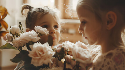 Sisters preparing for wedding or funeral, two young girls, children with flowers, concept of childhood grief and loss - obrazy, fototapety, plakaty