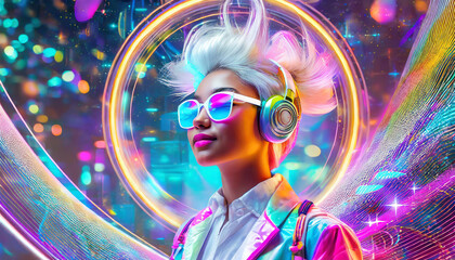 Female DJ With Funky White Hair and Glasses With Neon Swirl Background
