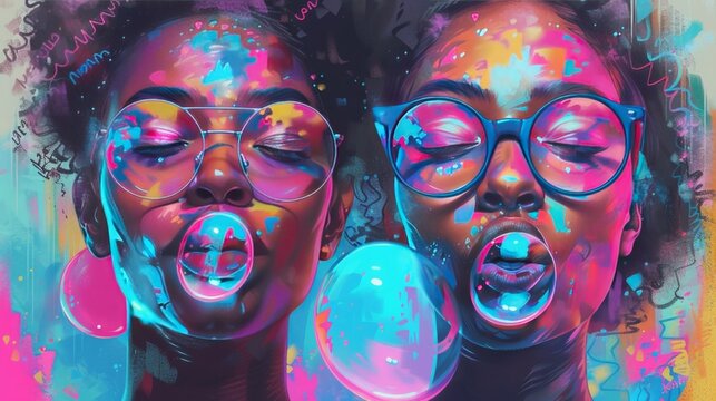 two black girls are blowing colorful soap bubbles against neon blue and pink background. Life is fun