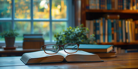 Open book with glasses for reading, blurred study or library background