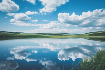 A vast body of water set against a backdrop of vibrant green fields under a blue sky. - Powered by Adobe