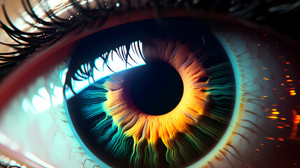 Human eye animation concept with rainbow membrane, rainbow lines after flash spreading out from bright white circles - obrazy, fototapety, plakaty